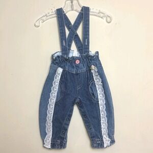 Vintage Hopscotch Blue Denim Lace Overall Snap Romper Suspender Pants 0-6 Months